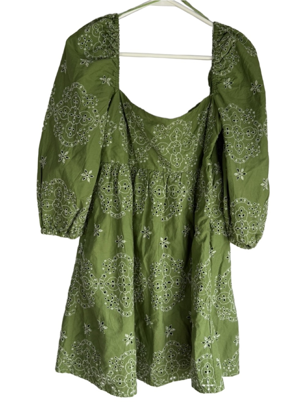 Zara Olive Green Eyelet-Embroidered Puff Sleeve Mini Dress Size L
